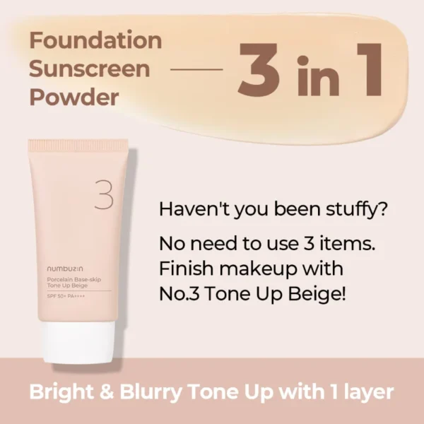 Numbuzin No.3 Porcelain Base-skip Tone Up Beige SPF50+ - Image 2